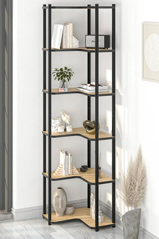 6 Raflı Kitaplık Dekoratif Kitaplık Metal Kitaplık Ofis Kitaplığı Aksesuar Rafı Sardes Safir Meşe